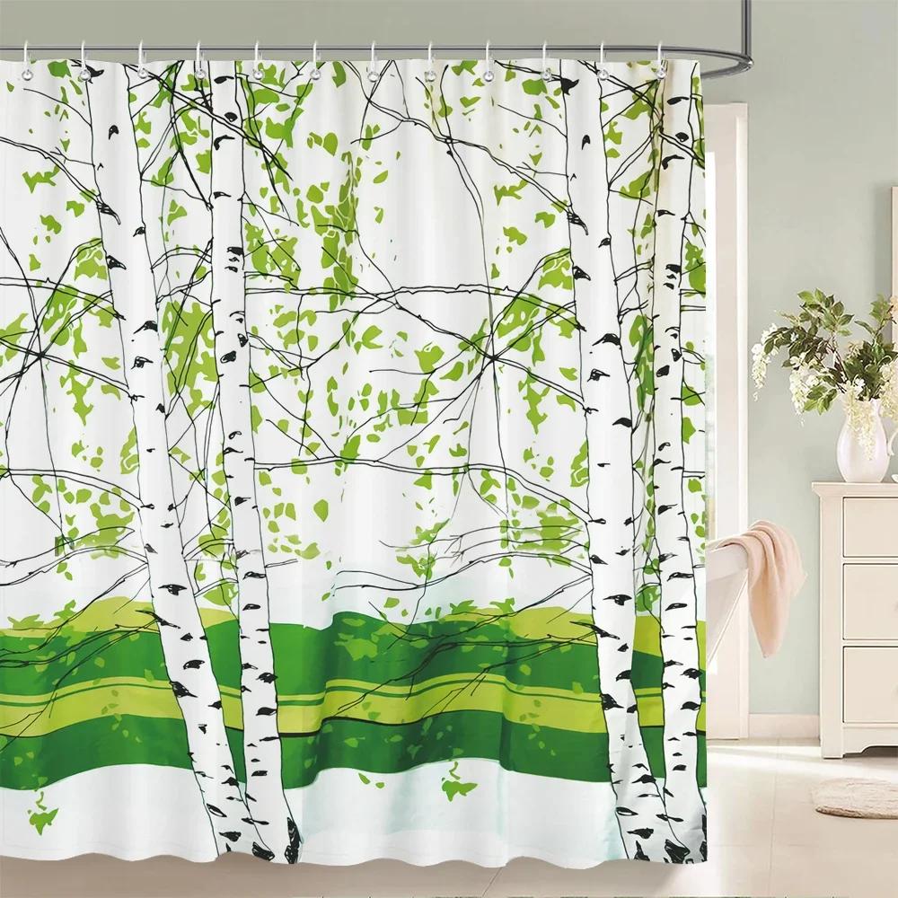 וילונות מקלחת מבד עמיד למים עלי עץ ליבנה לבנה אמבטיה גדול 240X180 הדפסה תלת ממדית קישוט וילון מקלחת מסך אמבטיה