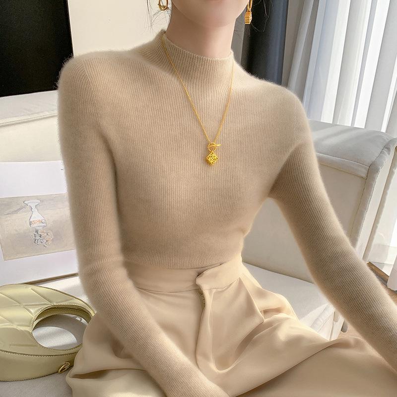 Women's Cashmere Wool Slim-Fit Knit Top - Half-High Neck, Seamless, Autumn/Winter Versatile Sweater
