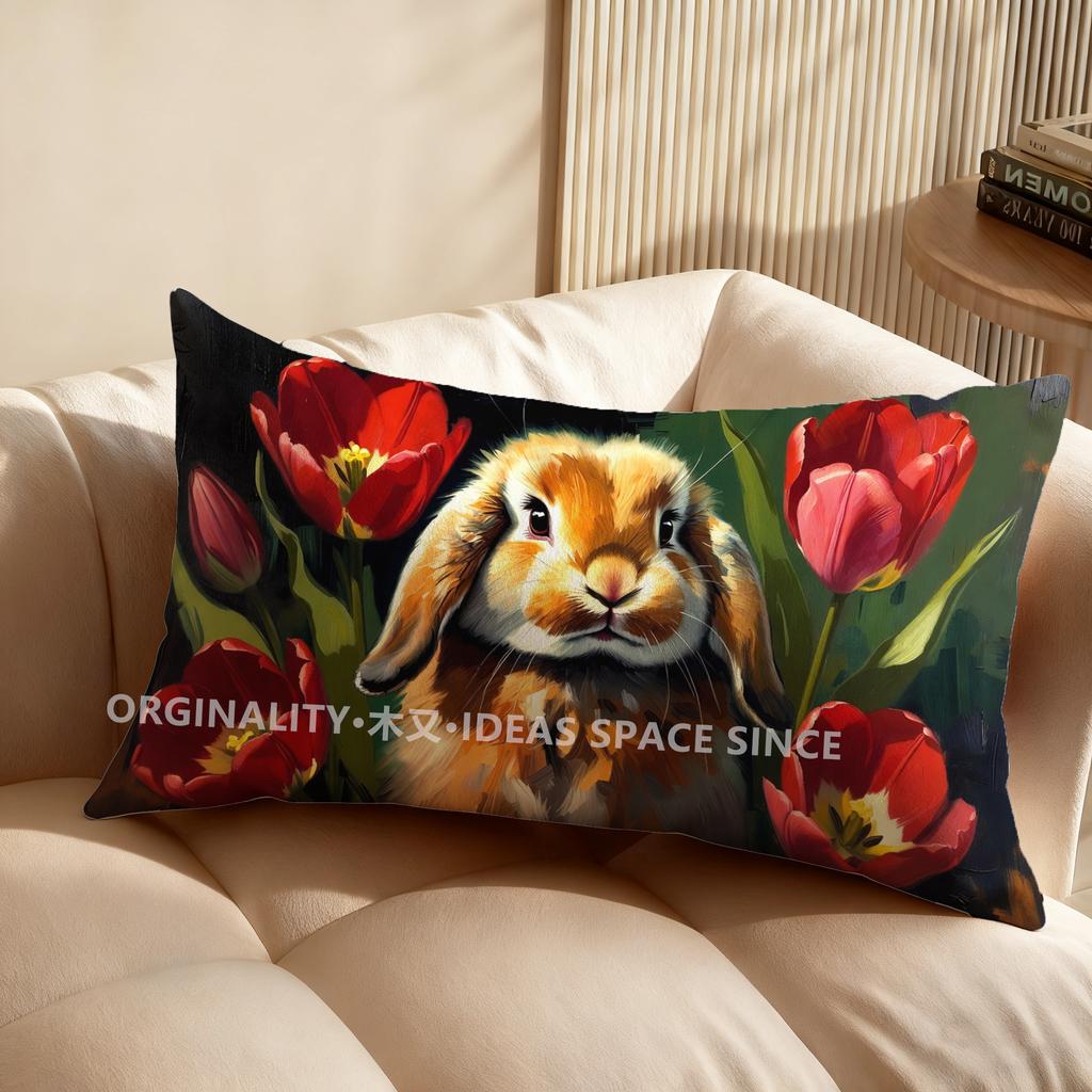 Vintage Bunny Tulip Print Cushion Cover Suitable For Sofa Bedroom Car Pillow Cover Cushion Rectangular Back Cushion