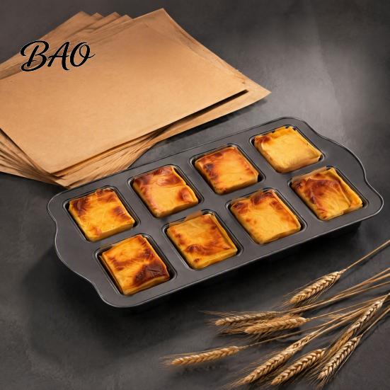 Durable Carbon Steel Bakeware for Home 8-Cavity Mini Loaf Baking Pan Set with 200Pcs Parchment Liners, Precut Unbleached Paper Nonstick Rectangle