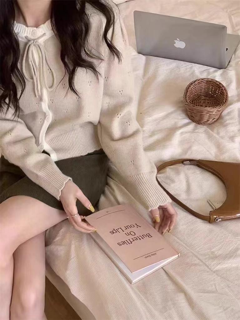 2025 Spring and Autumn Korean New Sweet Knitted Cardigan Gentle Wind Lace-up Bow Color Matching Sweater Jacket Women