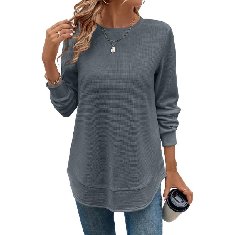 

Women s Waffle Knit Long Sleeve T-Shirt Crew Neck Loose Fit Layered Hem Casual Top 5XL темно-сірий