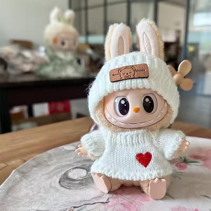 1/4pc Cute 17cm Bunny Doll Accessories with Knitted Clothes Rabbit Ears Hat Heart Sweater for Toy Collectors Labubu Clothes