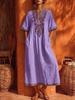 Women V Neck Ethnic Style Embroidered Short Sleeve Maxi Dress Bohemian Loose Fit Kaftan Dress Multi Color