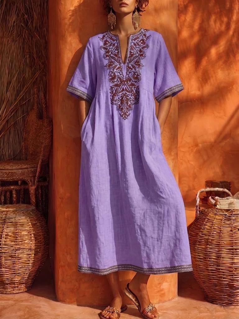 Women V Neck Ethnic Style Embroidered Short Sleeve Maxi Dress Bohemian Loose Fit Kaftan Dress Multi Color