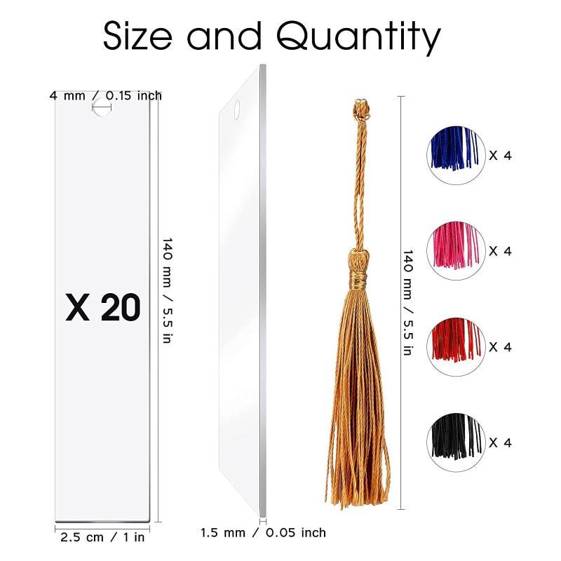 20Pieces Clear Acrylics Bookmarks with Tassels 0.94x5.5In Unfinish Paintable Bookmarks for Painting Handmade Art Craft