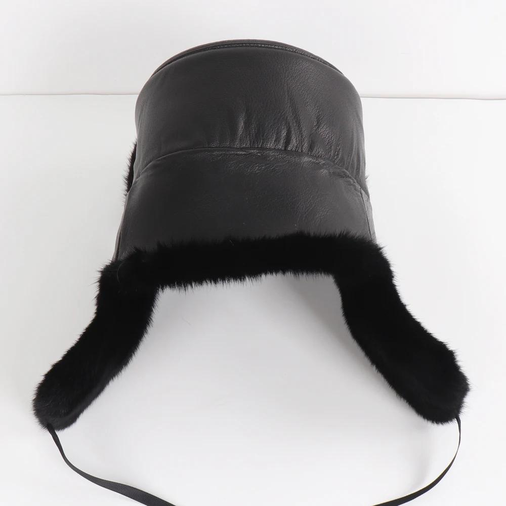 New Winter Men Outdoor Real Mink Fur Bomber Hats Male Super Warm 100% Natural Mink Fur Hat Luxury Man Real Sheepskin Leather Cap