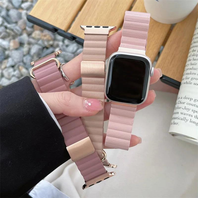 Magnetic Leather Band For Apple Watch 44 45 49mm 40 41mm 42 38mm 46mmMetal Stainless Steel Strap For iwatch 8 7 SE 6 5 4 3 2 S10