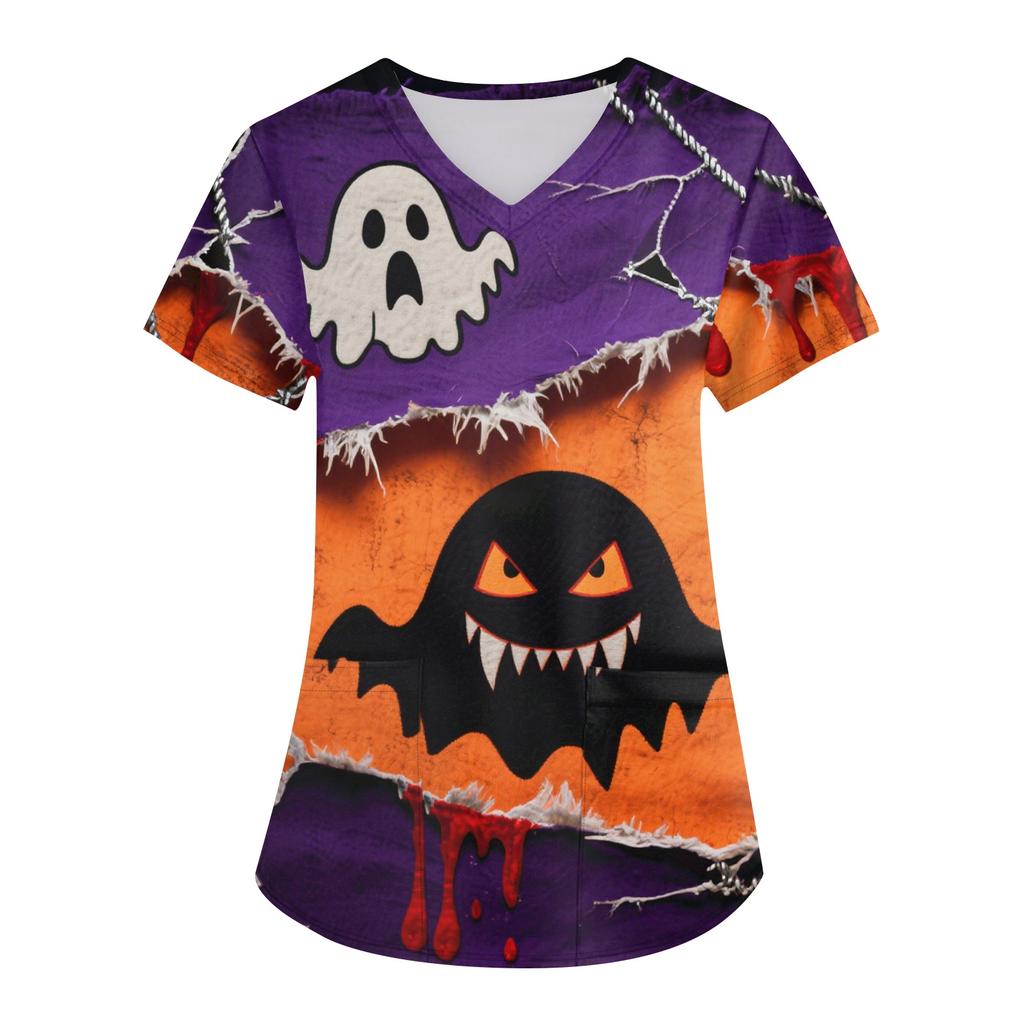 Women's Printing Uniform Work Uniform V-neck Pockets Basic Short Sleeve Pullover Top