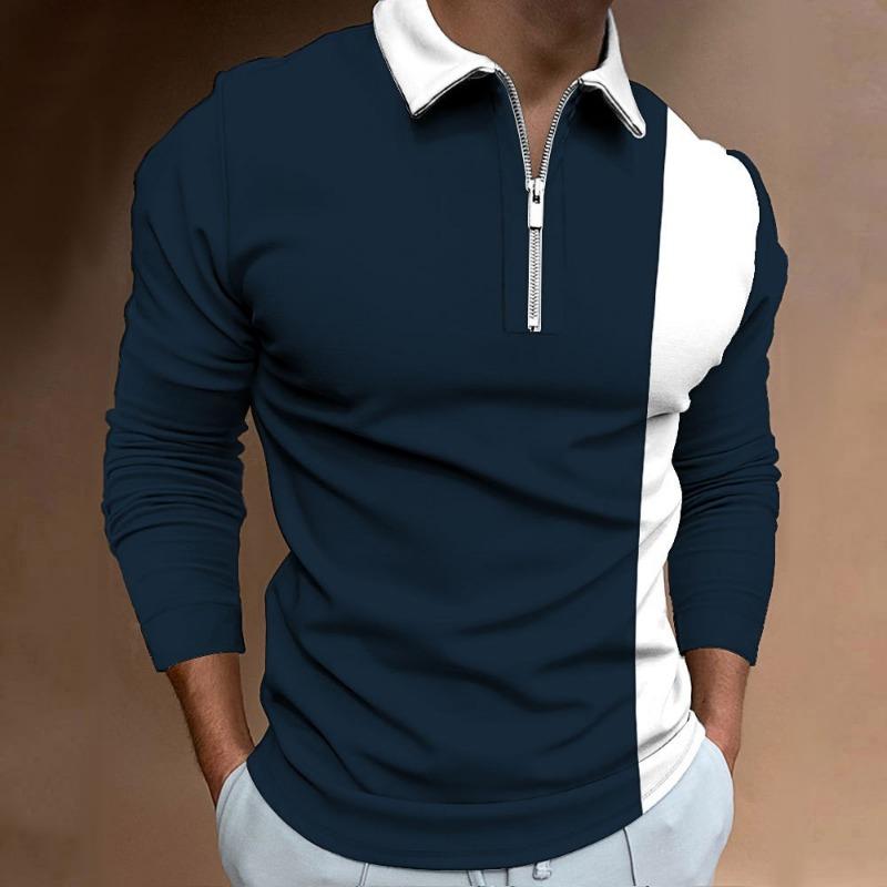 Men's Long Sleeve Color Block Stylish Lapel Long Sleeve Stitching Stylish POLO Shirt