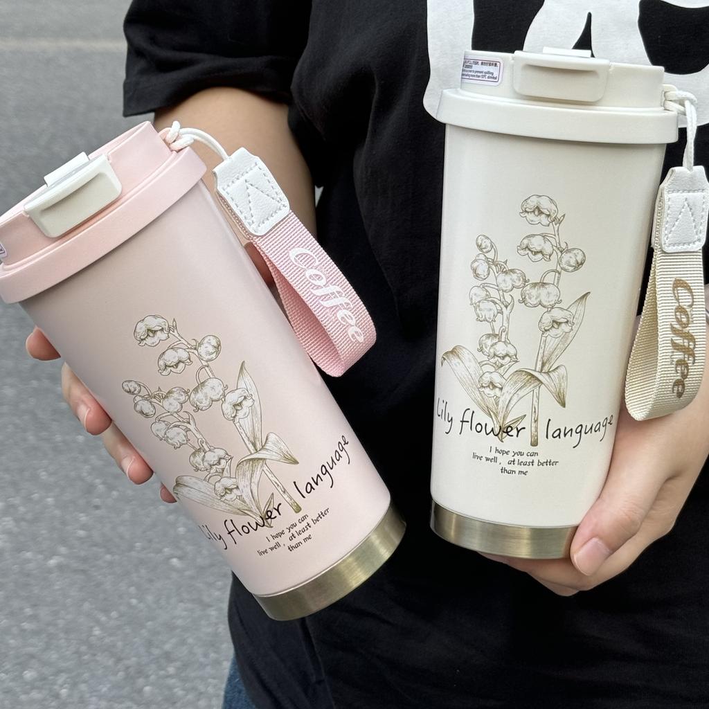 Lily Of The Valley Thermos Cup 316 Stainless Steel Coffee Cup Girls Large Capacity High Value Straw Water Cup