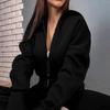 Women Solid Color Loose Long Sleeve Hooded Jumpsuit V Neck Wide Leg Pants Suit Autumn Winter Casual Outfit