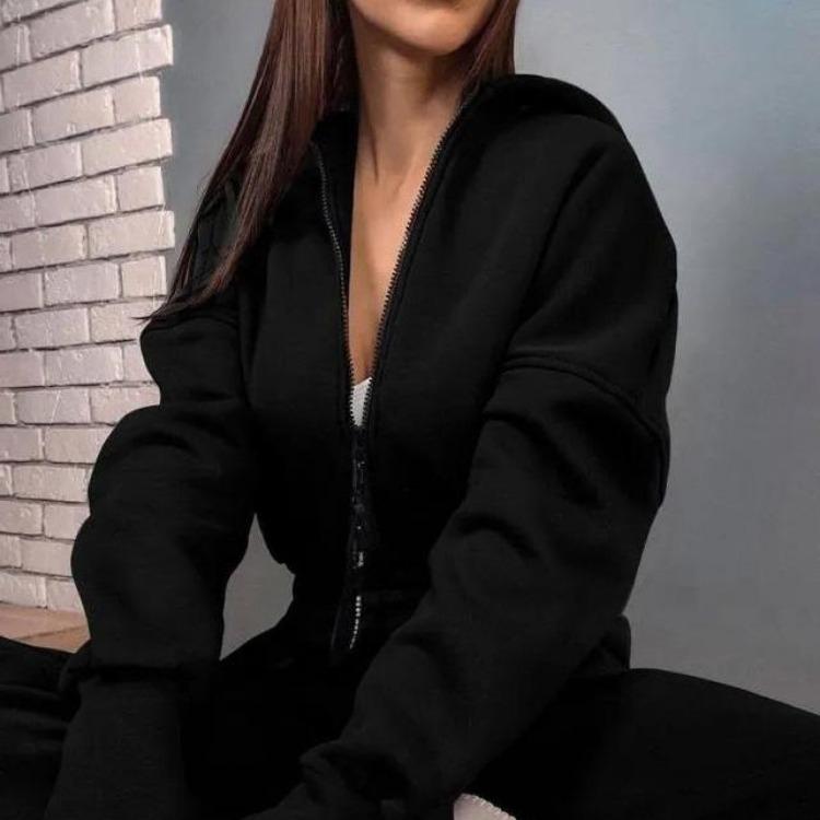 Women Solid Color Loose Long Sleeve Hooded Jumpsuit V Neck Wide Leg Pants Suit Autumn Winter Casual Outfit