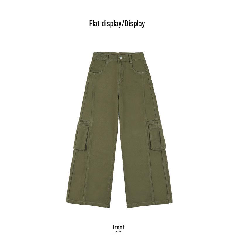 Women's Army Green Loose Cargo Jeans - Spring Style, Slim Fit, Wide Leg, Large Pockets