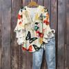 Women's Fashion Casual Button V-Neck Seven Sleeve Vintage Printed Shirt Top