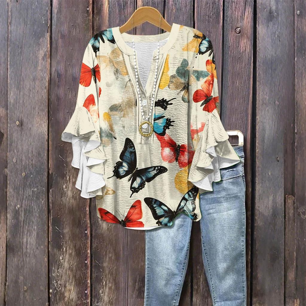 Women's Fashion Casual Button V-Neck Seven Sleeve Vintage Printed Shirt Top