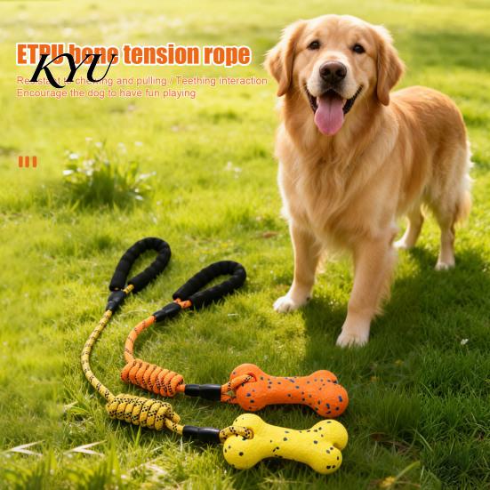 Heavy Duty Dog Pull Toys ETPU Bone Chew Toy, with Braided Rope, Foam Handle, Interactive Tug of War Pet Teeth Cleaning for Medium Large Breed