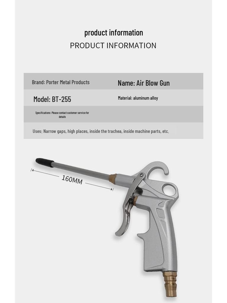 Pneumatic Blow Gun BT-168, Aluminum Alloy High Pressure Dust Removal Tool with Copper Nozzle.