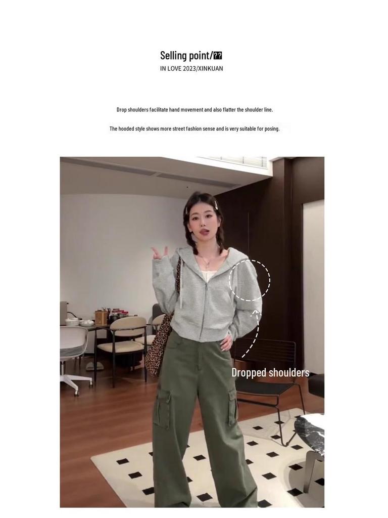 Gray Slim Fit Petite Korean Style Zip-Up Hooded Cardigan for Women, Ideal for Early Autumn/Spring Upper Outerwear