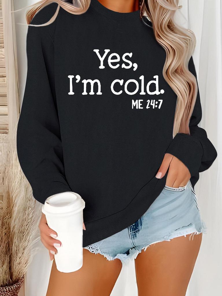 Women's Autumn/Winter Plus Velvet Hoodie with Back Tie Collar, Round Neck, and "YES I'M COLD" Print - Bestseller