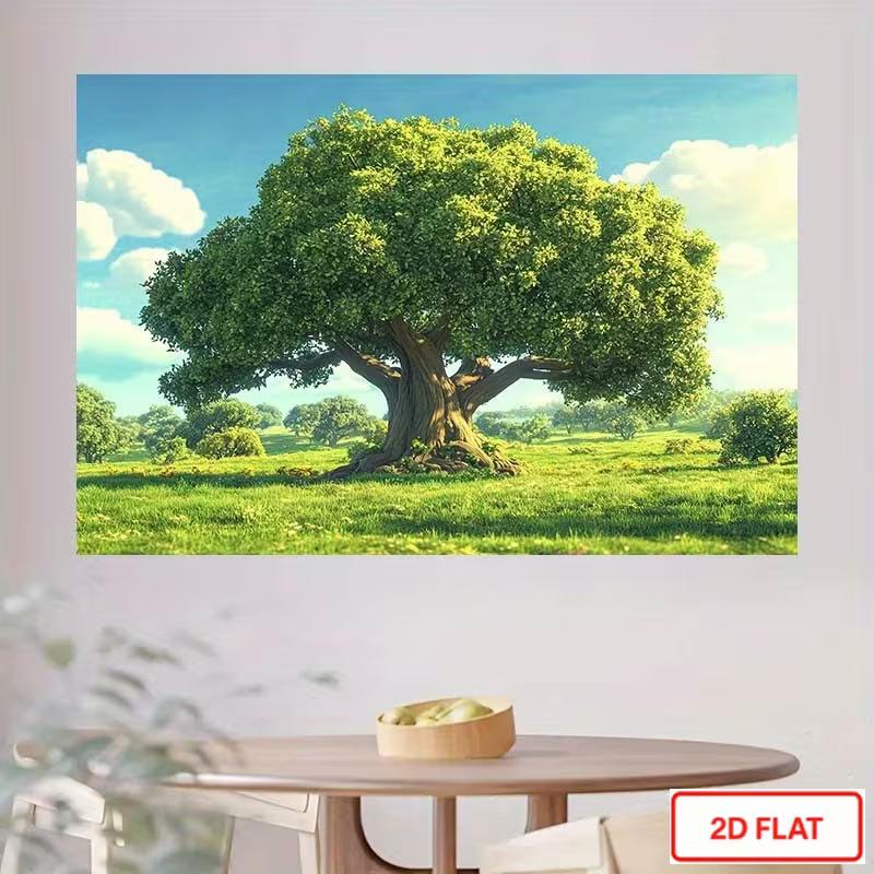 2D Whimsical Green Tree and Blue Sky Backdrop Photography Background Banner