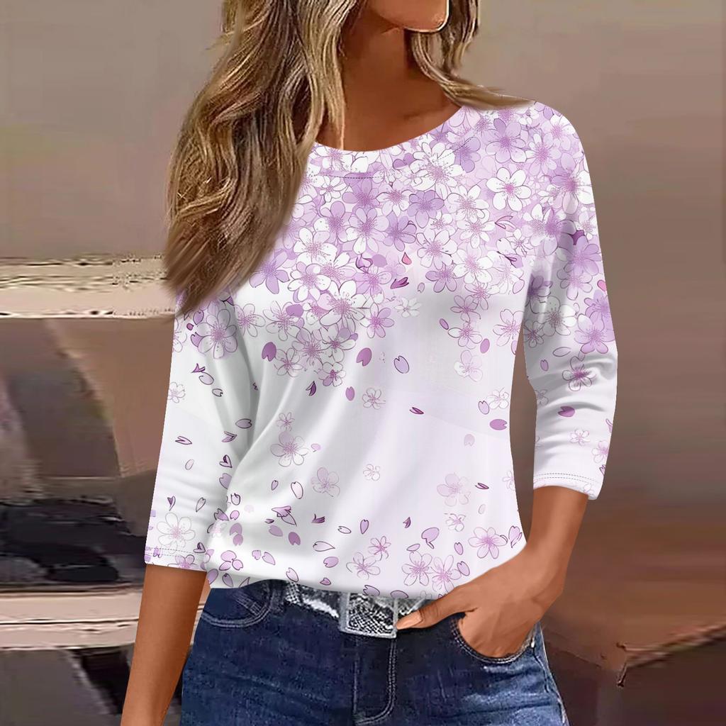 Women's Three-Quarter Sleeve Shirt, Round Neck, Loose Fit, Casual Shirt, Floral Print T-Shirt, Summer