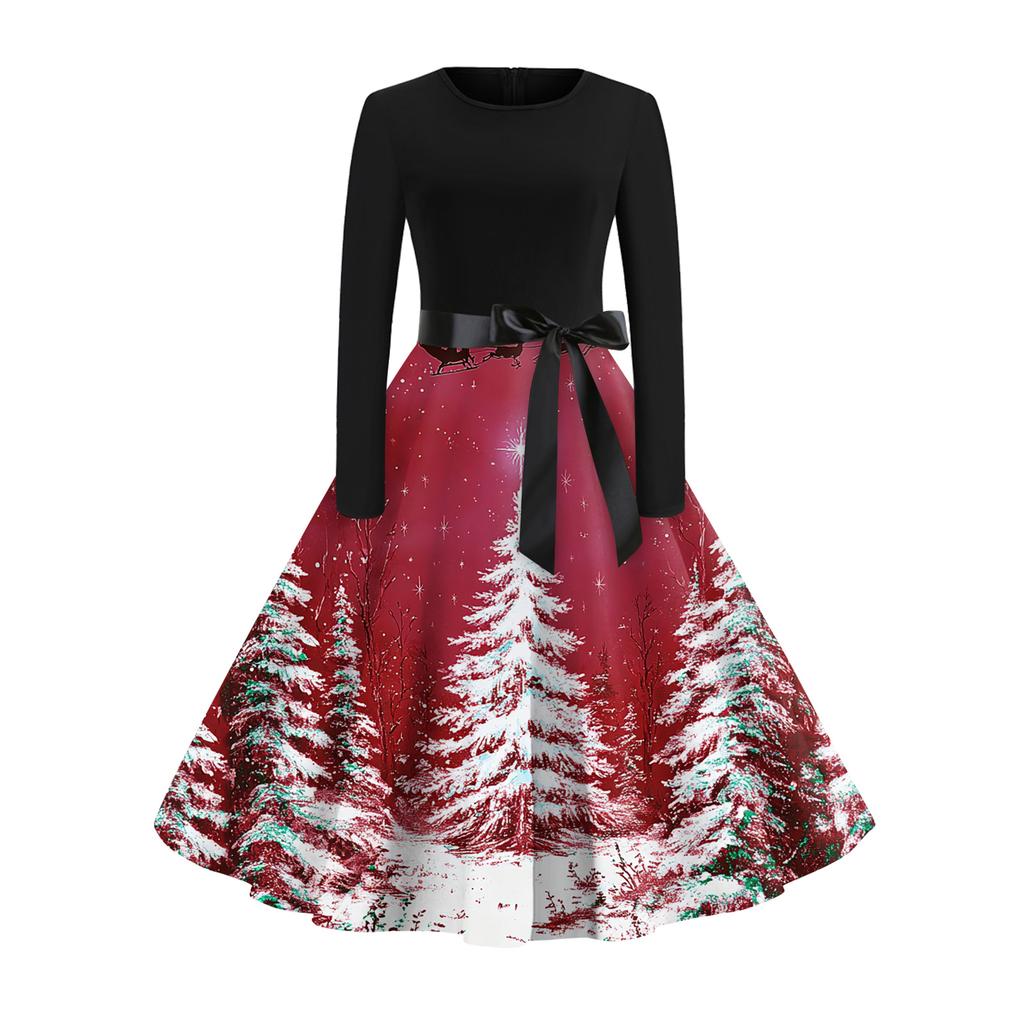 Women's Fashionable And Elegant Autun And Winter Long-sleeved Christmas Tree Print Dress