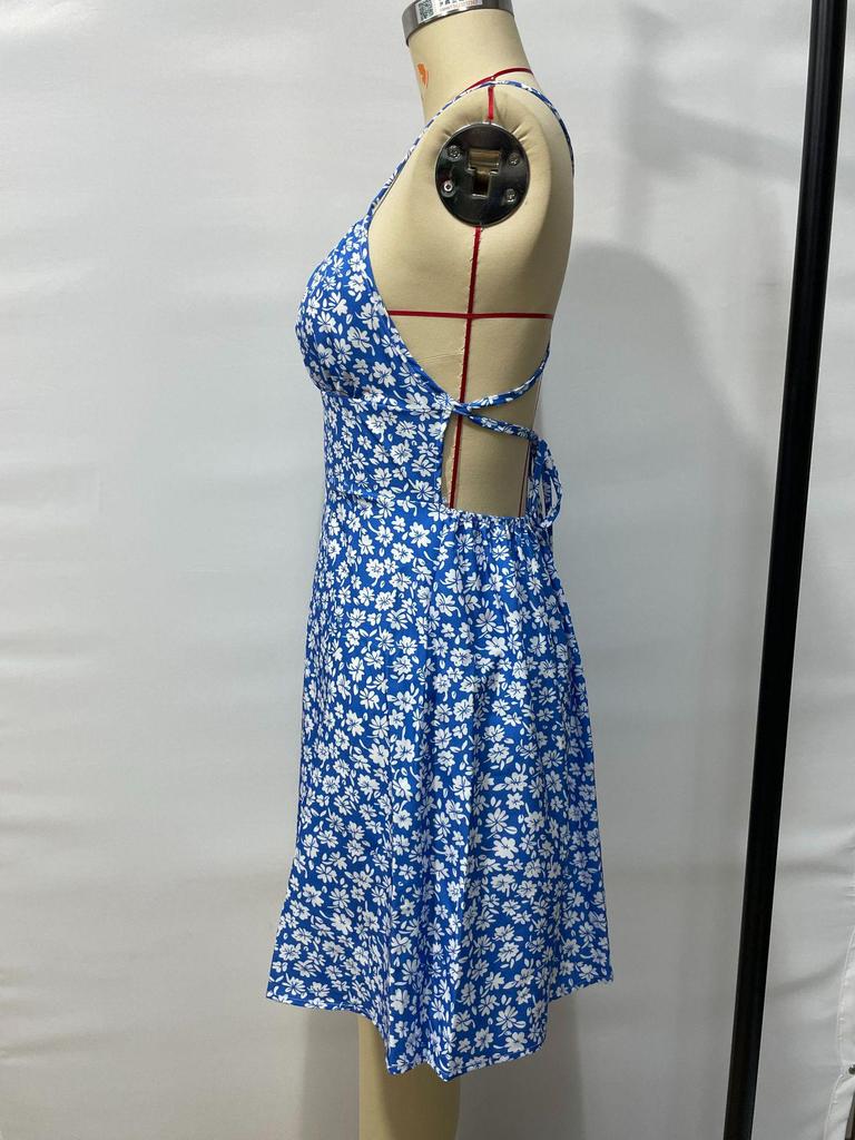 Auf Lager: 2025 Neues Europäisches und Amerikanisches Schlankes Floral-Spaghettiträger-Rückenfreies Kurzes Kleid - Frühling/Sommer