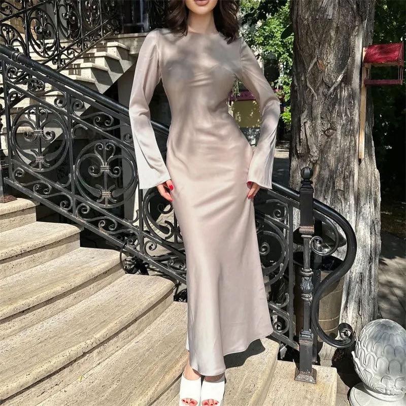 Fashion Slim Maxi Dress for Women Long Sleeve High Waist Elegant Solid Party Dress Casual Luxury Ladies Dress