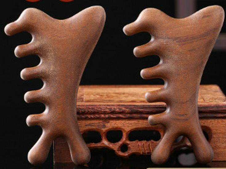 Golden Sandalwood Massage Comb 4-in-1: Meridian Comb, Gua Sha Tool, Scalp Massager.