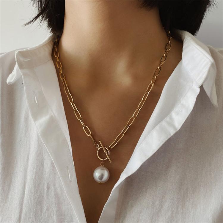 Fashion retro metal chain long sweater chain women, creative OT buckle pearl pendant necklace