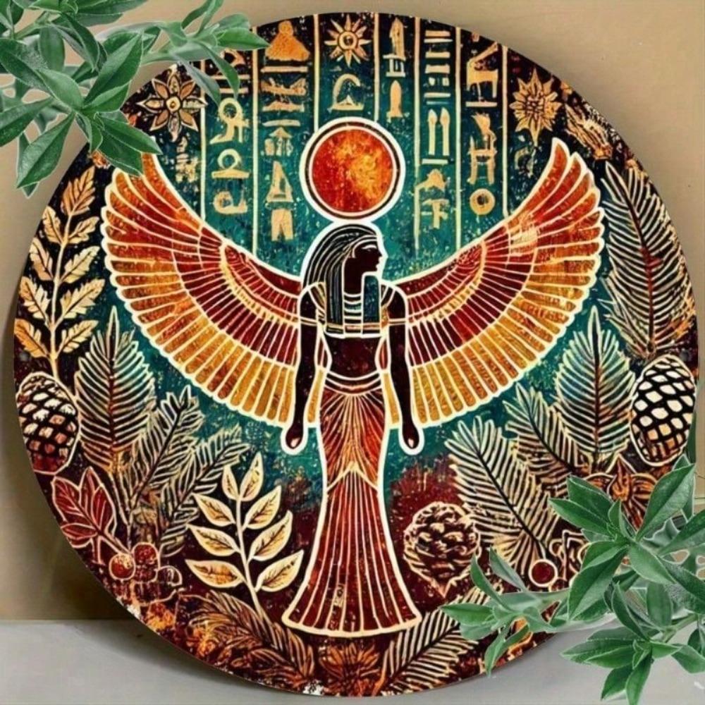 Vintage Egyptian Metal Wall Art, Winged Hieroglyph Iron Sign for Living Room Decor