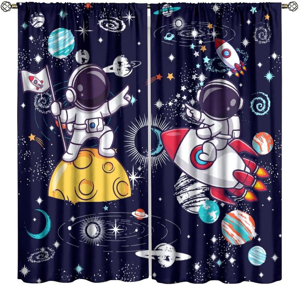 Solar System Window Curtains, Outer Space Space Astronaut Galaxy Window Treatments for Kids Boys Girls Bedroom Living Room