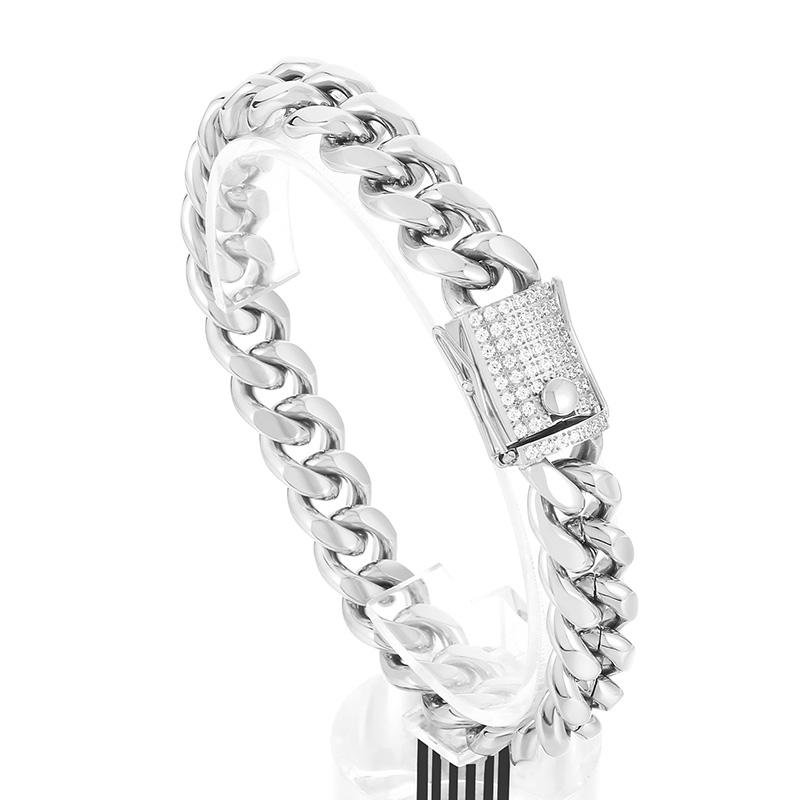

12mm Cuban Chain Bracelet for Men Women Stainless Steel With CNC Zircon Clasp Hip Hop Jewelry Shiny Link Chain Accessories 20cm
