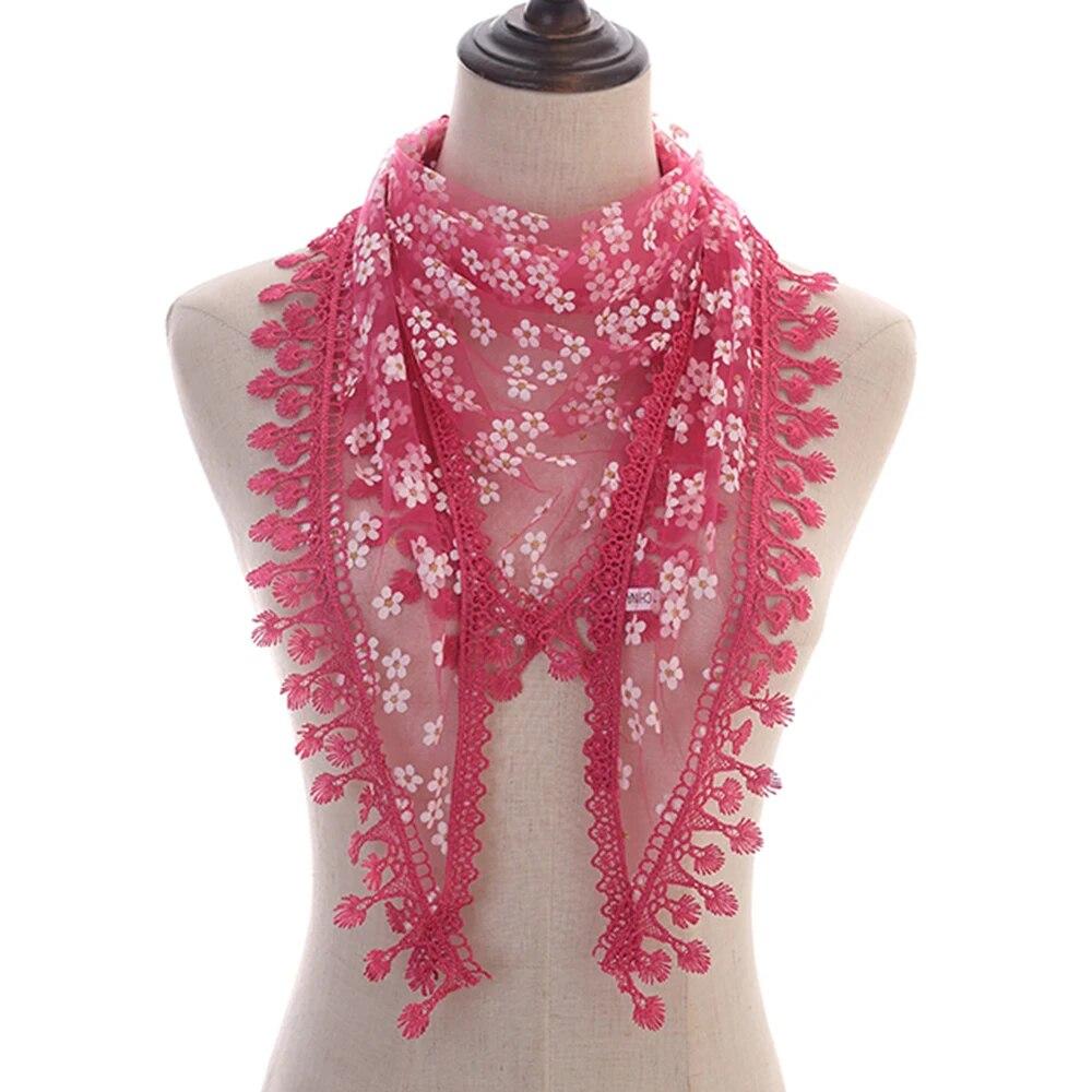 

Women Triangle Tassel Scarf Embroidered Lace Solid Color Shawls Veil Fashion Lightweight Prayer Hijab 160*50Cm