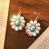 Creative Colored Diamond Earrings, High-End Retro Turquoise Flower Earrings, Bohemian Fashion Earrings.