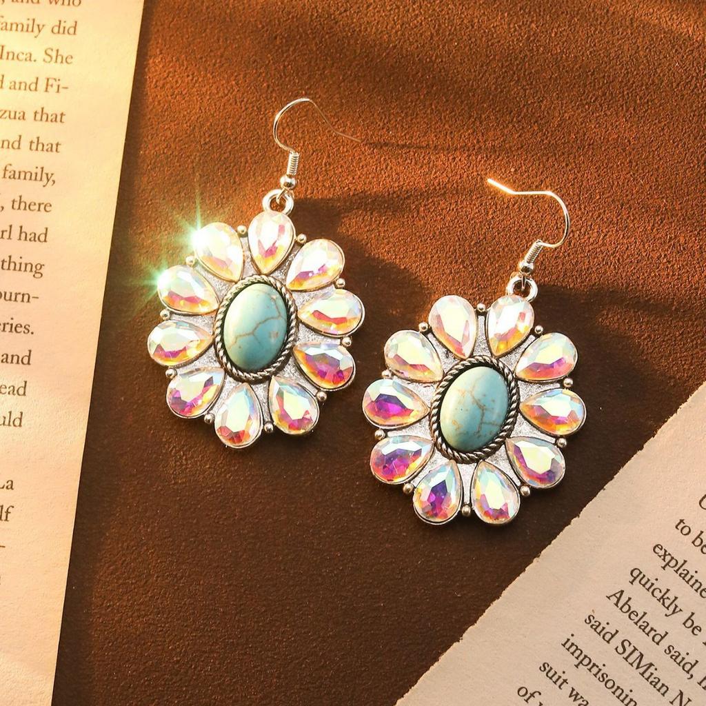 Creative Colored Diamond Earrings, High-End Retro Turquoise Flower Earrings, Bohemian Fashion Earrings.