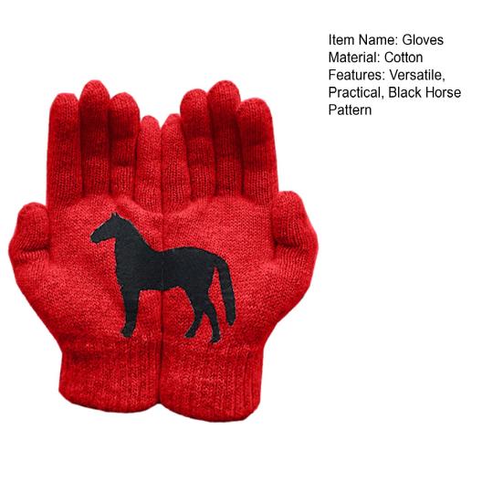Black Horse Print Gloves Warm Ribbed Knitted Gloves Funny Horse Winter Gloves Gift for Men Women Driving Daily Errands Use
