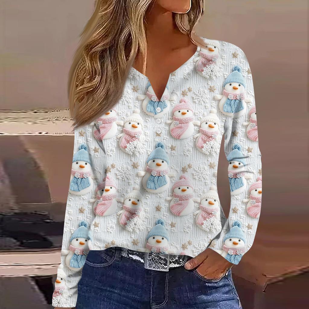 Women's Fashion Casual V-Neck Button-Up Long-Sleeve T-Shirt With Christmas Print Top