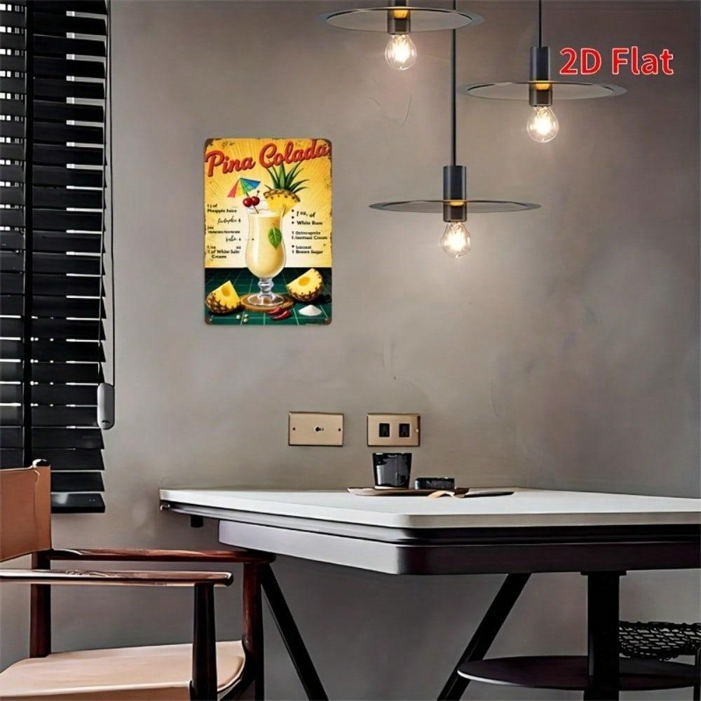 Vintage Metal Tin Sign Retro Pina Colada Cocktail Iron Wall Art Pineapple Design 8x12 Inch