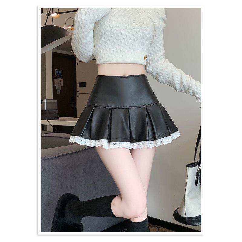 Gonna Mini Pieghettata a Vita Alta da Donna con Bordi in Pizzo Monocolore Casual Moda Gonna Corta