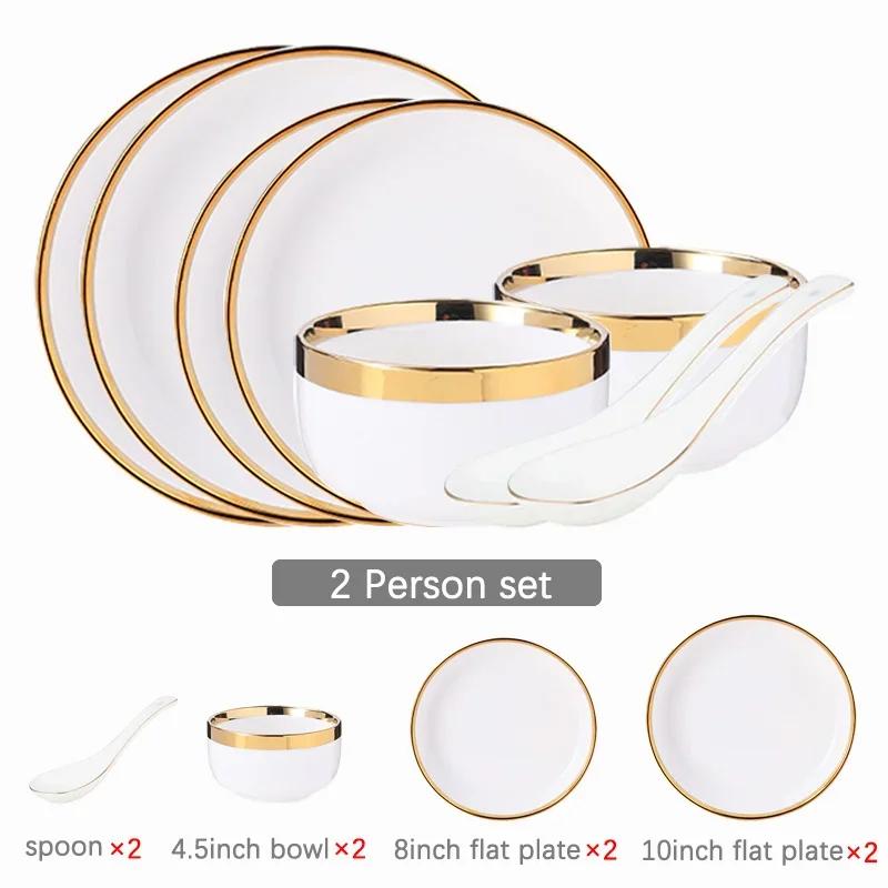 Gilt Rim White Porcelain Dinner Tray Food Dishes Rice Salad Noodles Bowl Ceramic Plates Bowls Kitchen Plates Ceramic Tableware