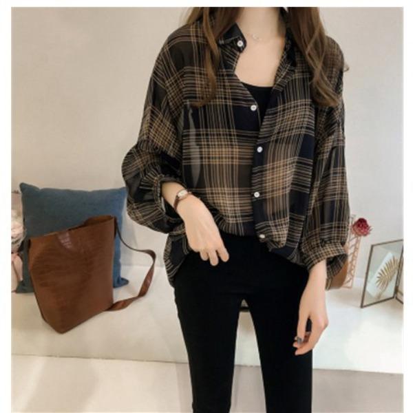 Early Autumn New Plus Size Checkered Shirt Women's Long Sleeved Hong Kong Style Top Chic Shirt