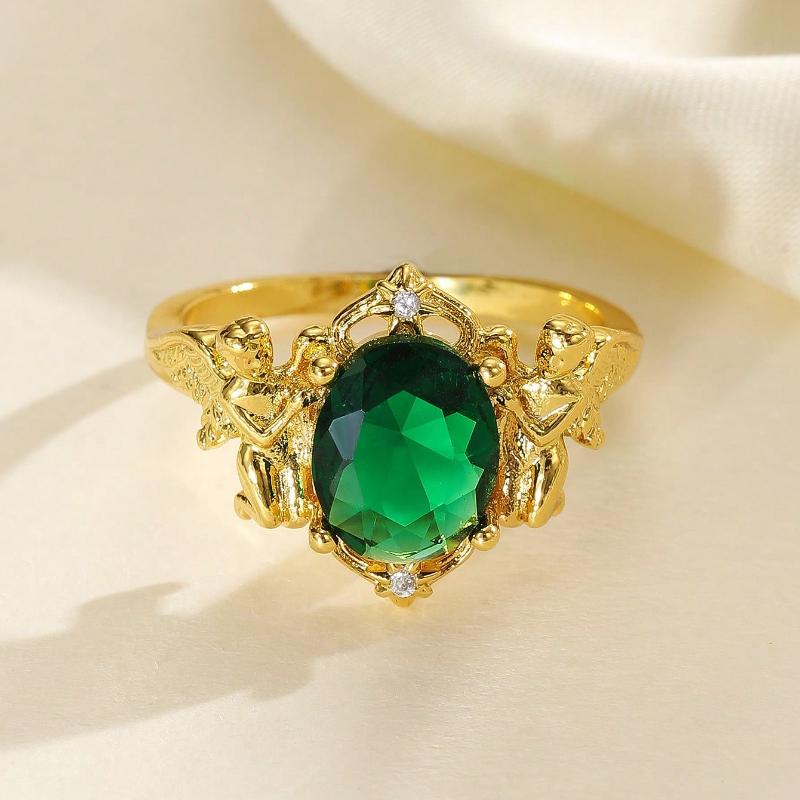 Anello da Donna Angelo Custode Amore Eterno Intarsiato con Zirconia Cubica Verde, Adatto per l'Uso Quotidiano, Matrimonio, Regalo di Anniversario