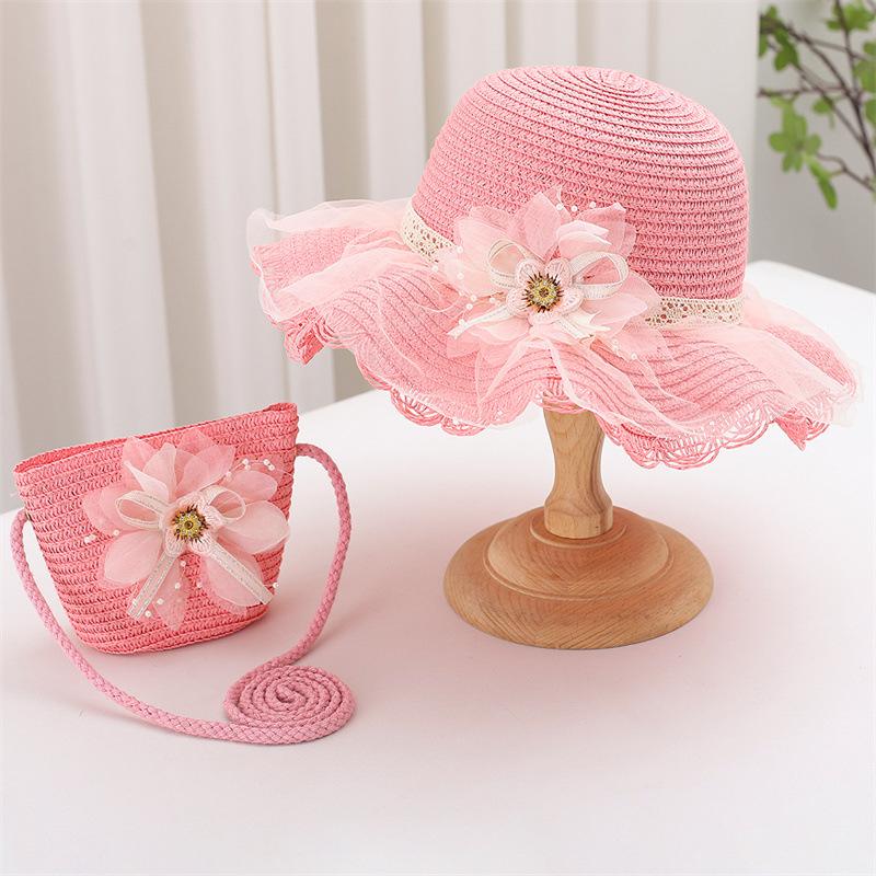 Baby Mädchen 2-teiliges Strohhut und Schultertaschen-Set Sommer Blumen Strand Eimerhut Breite Krempe Sonnenschutz Urlaubsoutfit Accessoire