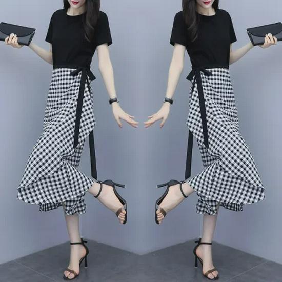 2024 Women's Plaid Two-Piece Set: Waist-Hugging Midi Skirt Dress