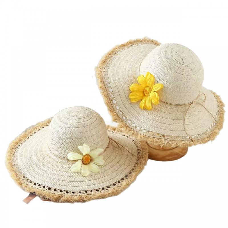 Wide Brim Straw Hat Women Sun Protection Floral Decorated Beach Vacation