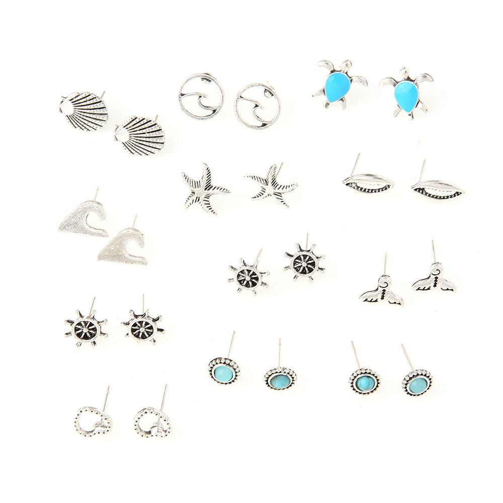 Accessories Simple Drip Oil Turtle Stars Wave Shells Turquoise 12 Pairs Of Earrings