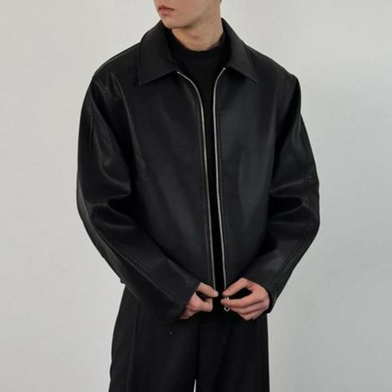 Herren Lederjacke im amerikanischen Retro-Stil, Rotes Innenfutter, PU, Frühling/Herbst, Kurz, Weiter Schnitt