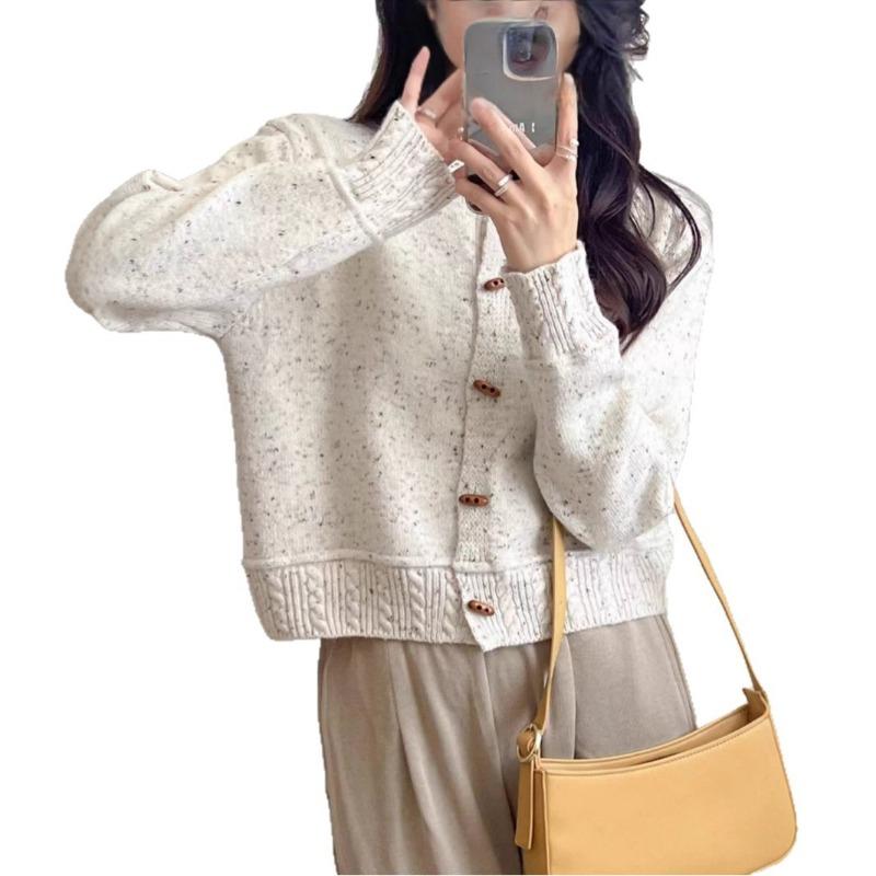 Autumn new round neck flower dot knitted cardigan loose and thin design short sweater women's coat